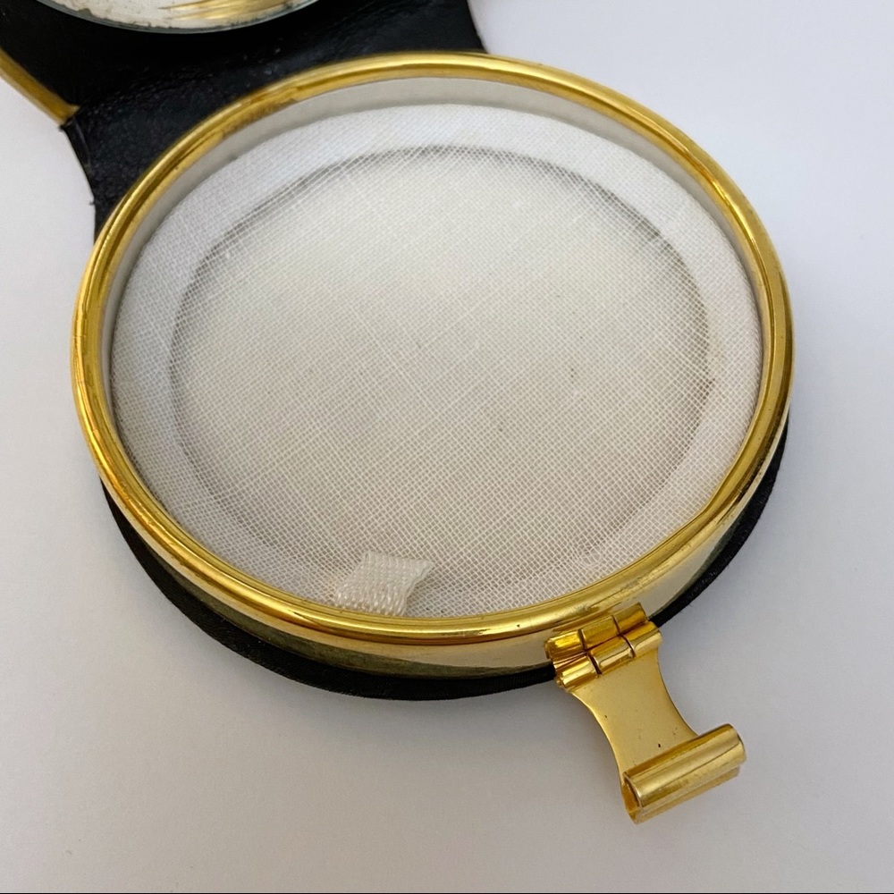 Vintage Black Satin Golden Damascene Floral Bird Appliqué Powder Mirror Compact - Picture 8 of 8